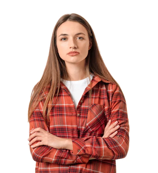 Beyaz Arka Plan Üzerinde Üzgün Genç Kadın — Stok fotoğraf