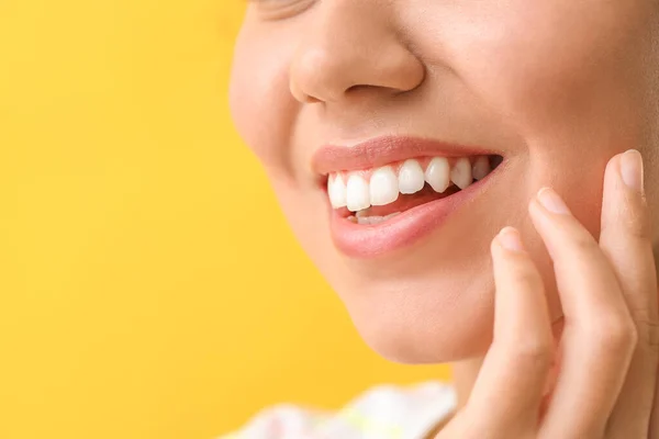 Happy Woman Healthy Teeth Color Background Closeup — 스톡 사진