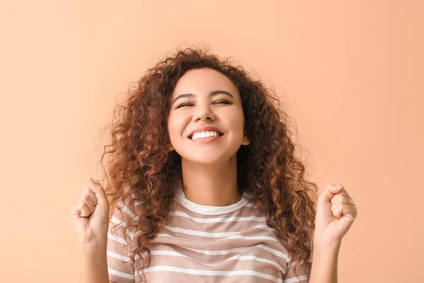 Happy Woman Healthy Teeth Color Background — Stock Photo, Image