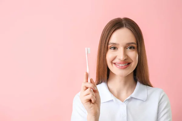 Young Woman Beautiful Smile Tooth Brush Color Background — Stock Photo, Image