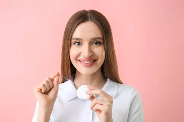 Young Woman Beautiful Smile Floss Color Background — Stock Photo, Image