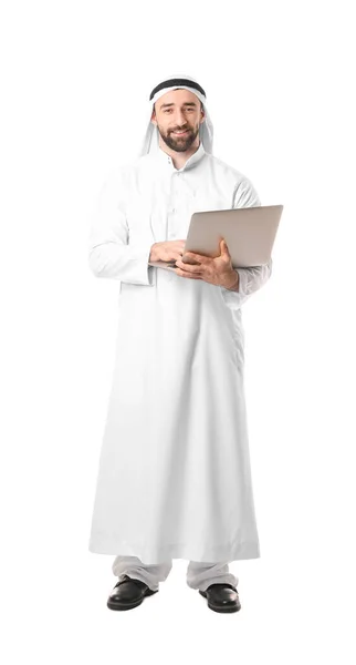 Bello Arabo Uomo Con Computer Portatile Sfondo Bianco — Foto Stock