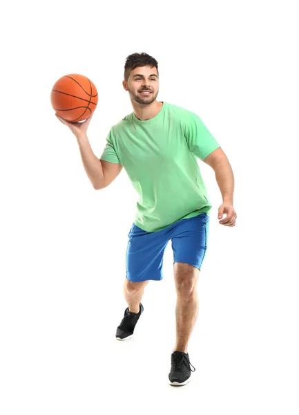 Sportlicher Junger Mann Mit Ball Auf Weißem Hintergrund — Stockfoto