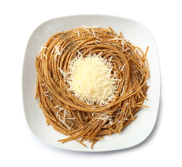Plate Tasty Pasta Cheese White Background — Stock Photo, Image