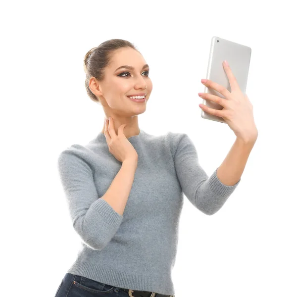 Junge Frau Mit Tablet Computer Auf Weißem Hintergrund — Stockfoto