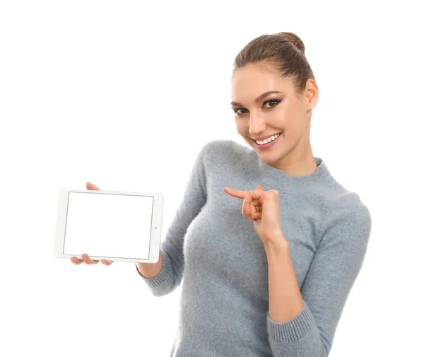 Ung Kvinna Med Tablett Dator Vit Bakgrund — Stockfoto