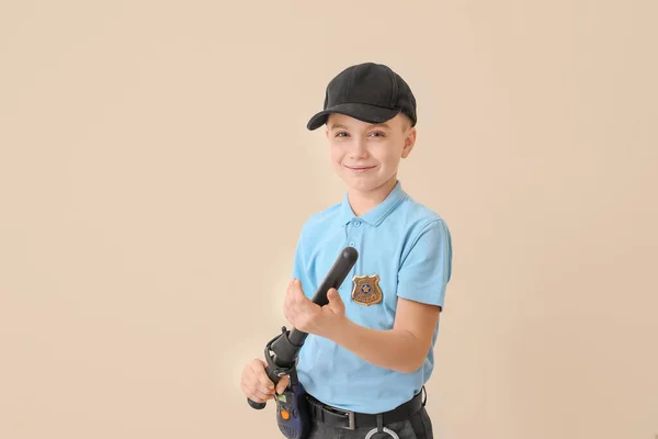Cute Little Police Officer Color Background — Stock Photo, Image