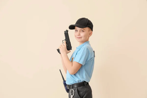 Cute Little Police Officer Color Background — Stock Photo, Image