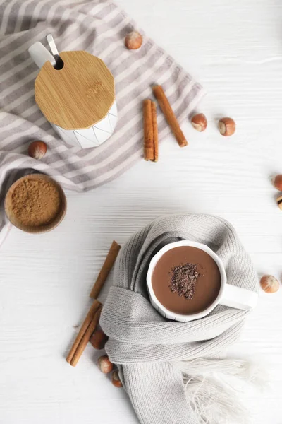 Cup Hot Chocolate White Wooden Table — Stock Photo, Image