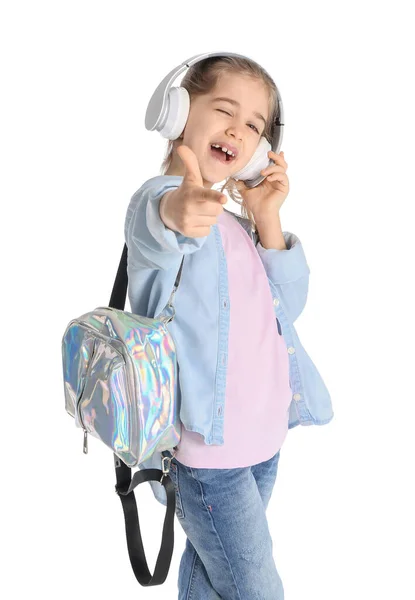 Χαριτωμένο Κοριτσάκι Ακουστικά Λευκό Φόντο — Φωτογραφία Αρχείου