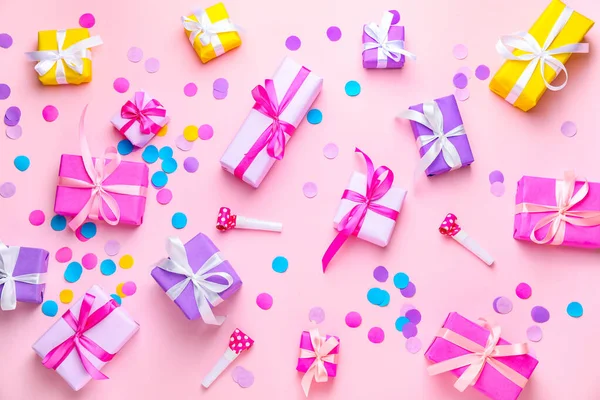 Many Birthday Gifts Decor Color Background — Stock Photo, Image