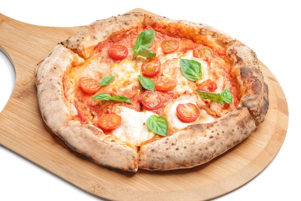 Läcker Pizza Margherita Vit Bakgrund — Stockfoto
