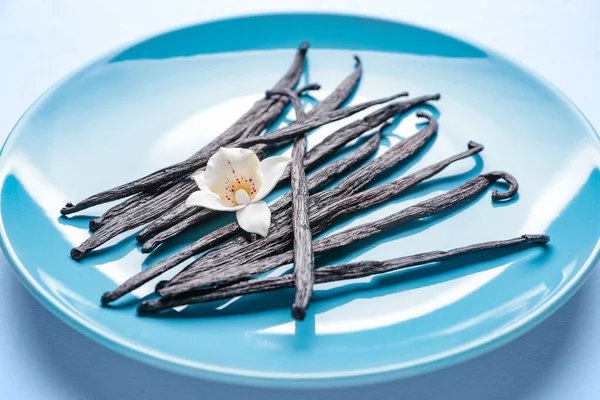 Plate Aromatic Vanilla Sticks Color Background — Stock Photo, Image