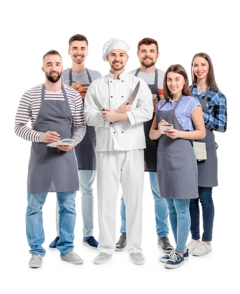 Chefe Masculino Com Participantes Aulas Culinária Fundo Branco — Fotografia de Stock