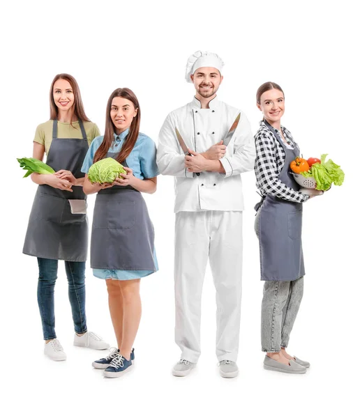 Manlig Kock Med Deltagare Matlagningskurser Vit Bakgrund — Stockfoto