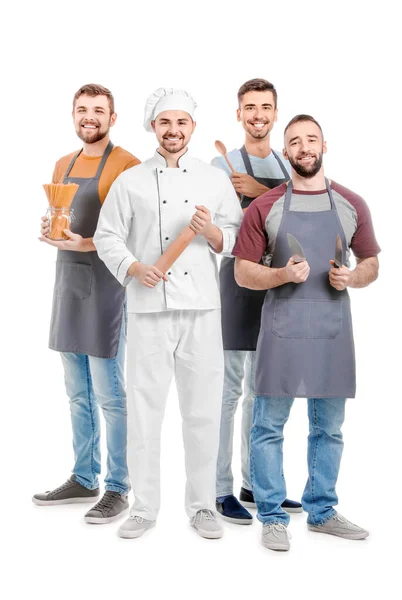 Manlig Kock Med Deltagare Matlagningskurser Vit Bakgrund — Stockfoto