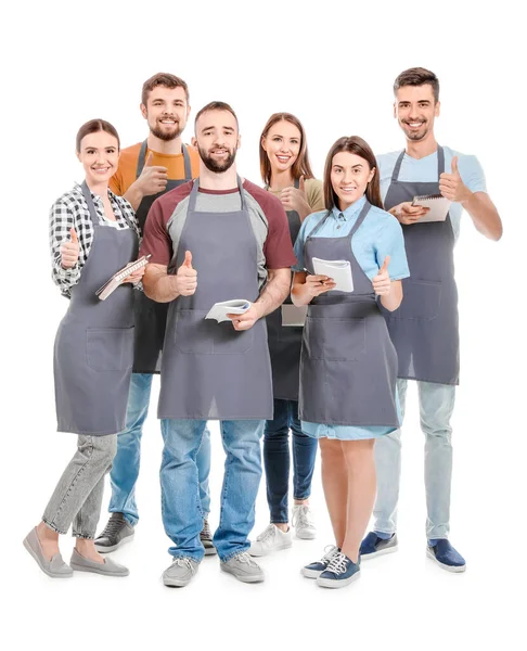 Participantes Clases Cocina Mostrando Gesto Pulgar Hacia Arriba Sobre Fondo — Foto de Stock