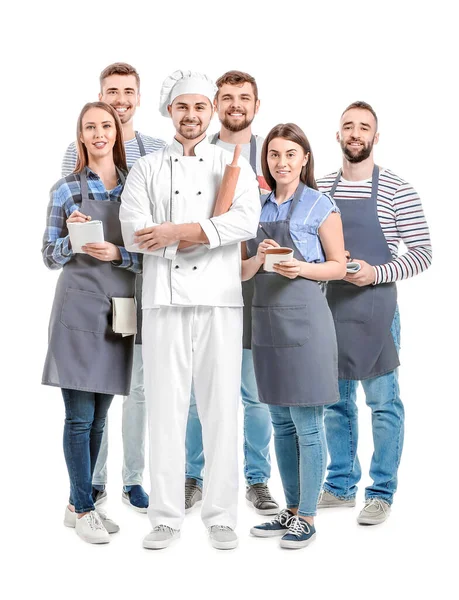 Chef Masculino Con Participantes Clases Cocina Sobre Fondo Blanco — Foto de Stock