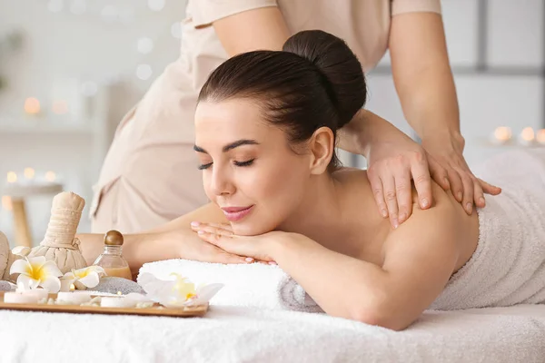 Beautiful Young Woman Receiving Massage Spa Salon — Stock Photo, Image