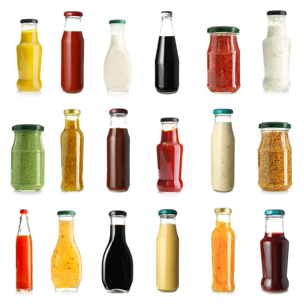 Différentes Sauces Savoureuses Bouteille Pot Sur Fond Blanc — Photo