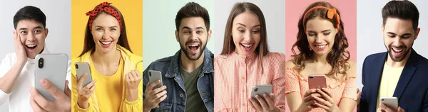 Collage Photos Happy Young People Holding Mobile Phones — Stock Photo, Image