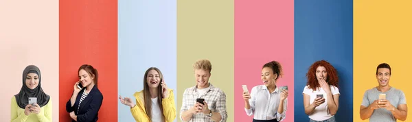 Colagem Fotos Com Diferentes Pessoas Emocionais Usando Telefones Celulares — Fotografia de Stock