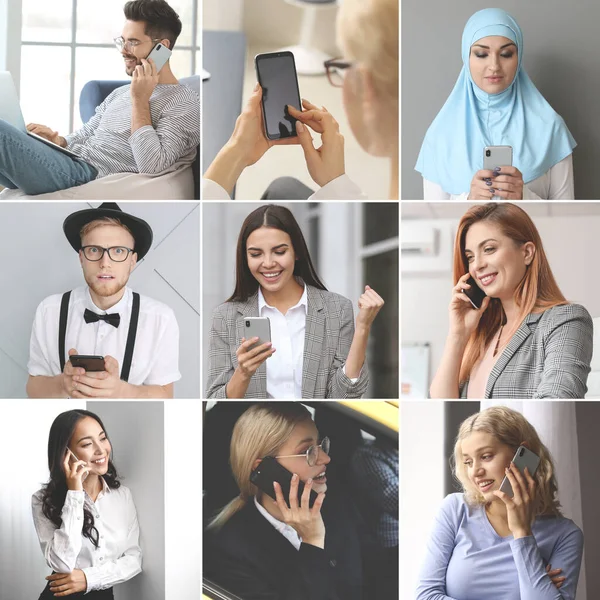 Collage Fotos Con Diferentes Personas Utilizando Teléfonos Móviles — Foto de Stock
