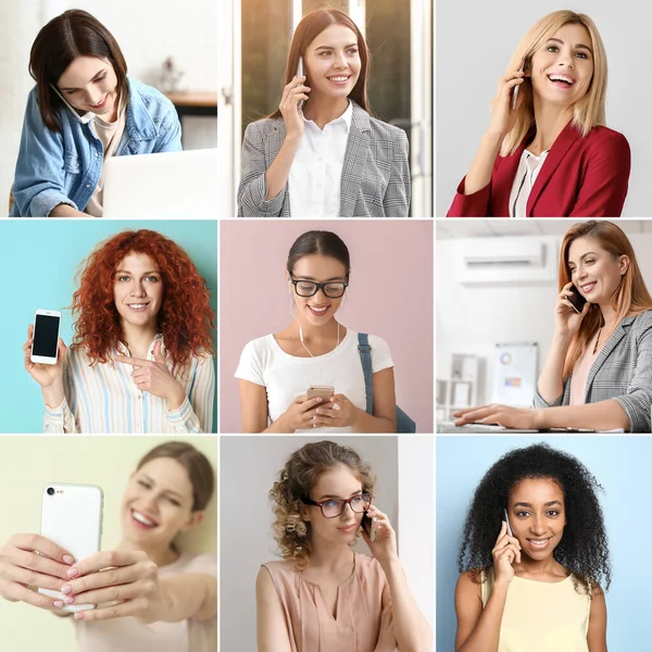 Colagem Fotos Com Mulheres Diferentes Usando Telefones Celulares — Fotografia de Stock