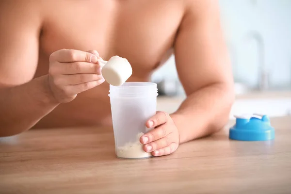Sporty Man Making Protein Shake Home Closeup — Stock Photo, Image