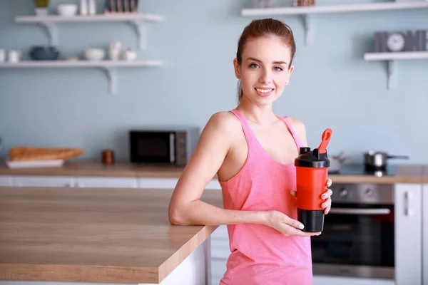 Sporty Young Woman Protein Shake Home — Stock Photo, Image