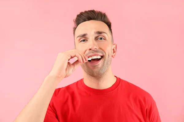 Handsome Young Man Chewing Gum Color Background — Stock Photo, Image