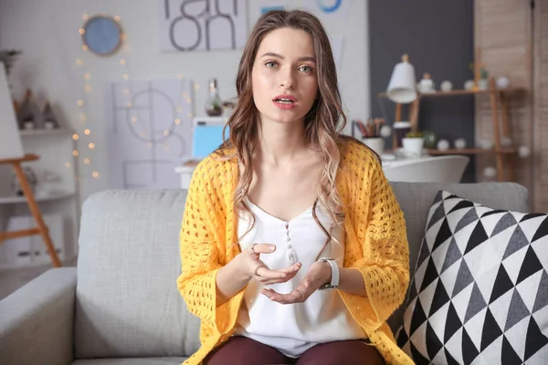 Young Woman Using Video Chat Home — Stock Photo, Image