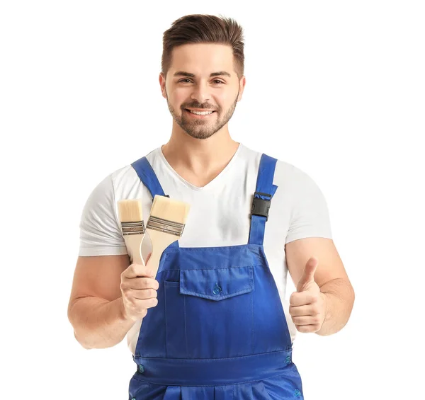 Jovem Pintor Mostrando Polegar Para Cima Fundo Branco — Fotografia de Stock