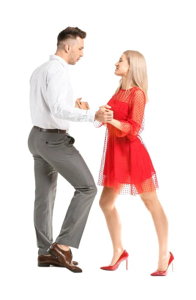 Gelukkig Dansen Jong Paar Witte Achtergrond — Stockfoto