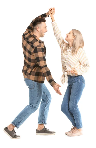 Glücklich Tanzendes Junges Paar Auf Weißem Hintergrund — Stockfoto