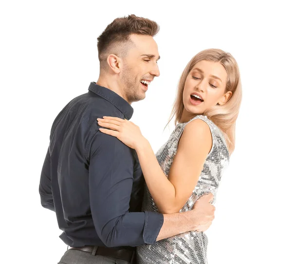 Happy Dancing Young Couple White Background — Stock Photo, Image