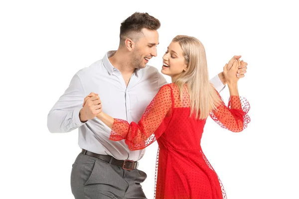 Gelukkig Dansen Jong Paar Witte Achtergrond — Stockfoto