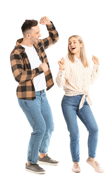 Feliz Dança Jovem Casal Fundo Branco — Fotografia de Stock