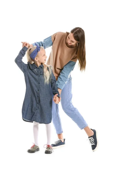 Woman Her Little Daughter Dancing White Background — Stock Photo, Image