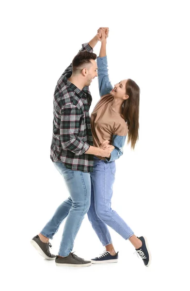 Junges Paar Tanzt Vor Weißem Hintergrund — Stockfoto