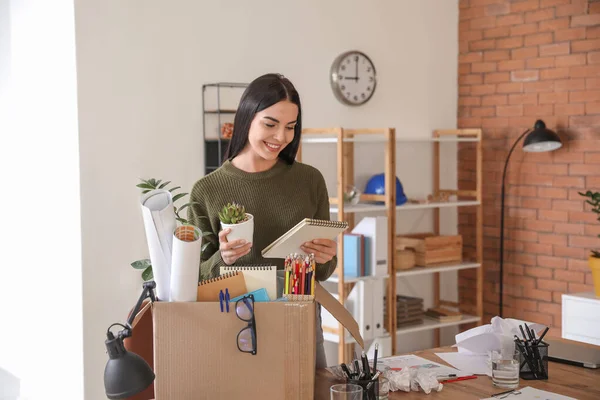 Happy Fired Woman Packing Personal Stuff Office — Stock Photo, Image