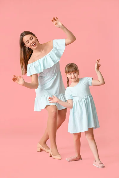 Happy Mother Her Little Daughter Dancing Color Background — Stock Photo, Image