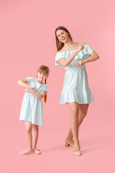 Happy Mother Her Little Daughter Dancing Color Background — Stock Photo, Image