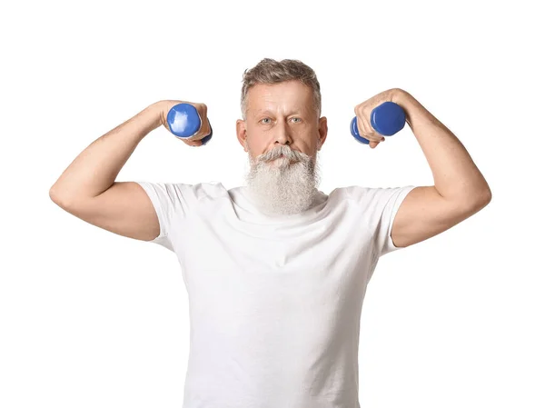 Sporty Elderly Man Dumbbells White Background — Stock Photo, Image