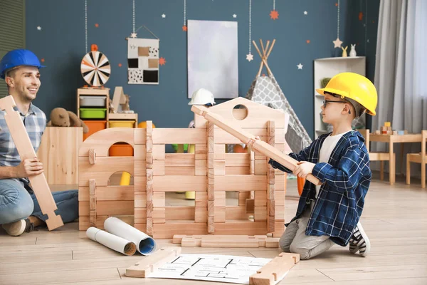 Father Little Son Dressed Builders Playing Take Apart House Home — Stock Photo, Image