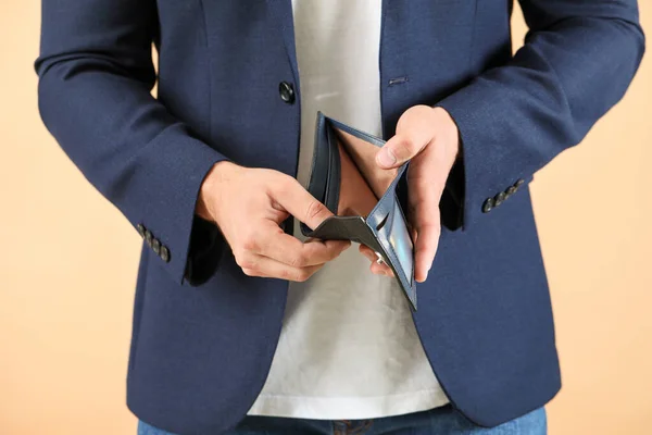 Man Empty Purse Color Background Closeup — Stock Photo, Image