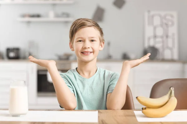 Little Boy Milk Bananas Kitchen — Stock Photo, Image