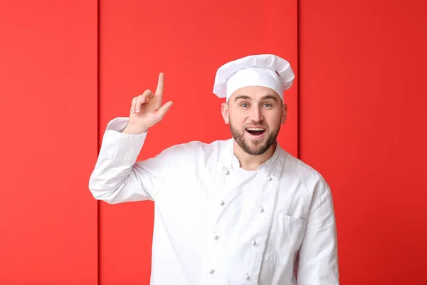 Handsome Male Chef Raised Index Finger Color Background — Stock Photo, Image