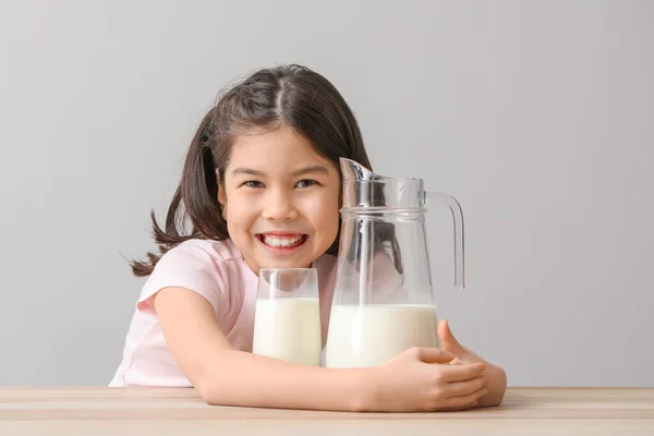 Cute Asian Girl Milk Light Background — Stock Photo, Image