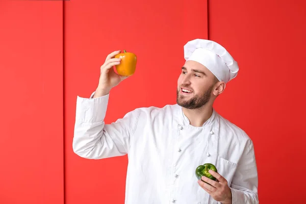 Handsome Male Chef Bell Peppers Color Background — Stock Photo, Image